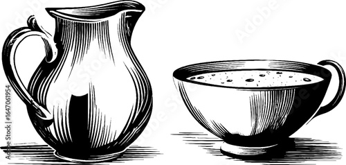 Engraved illustration of vintage milk jug and pot set - retro kitchenware design for decor