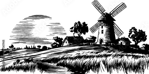 Vintage engraved illustration of midday sun over windmill and wheat field scene for retro design