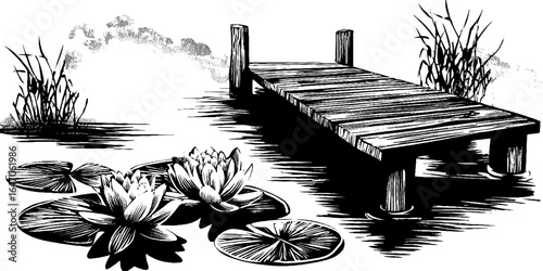 Tranquil lake scene with wooden dock and water lilies engraved illustration