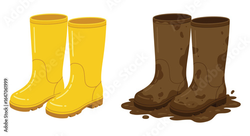 Clean and muddy rubber boots illustration for farm work or gardening