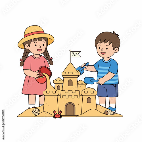 Flat illustration of boy and girl building a sandcastle together on the beach during summer vacation