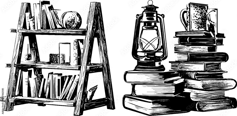 Fototapeta premium Rustic library treasures: engraved wooden bookshelf sketch and vintage books collection