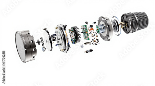 Exploded View of Advanced Technology Device Components on White Background, Showing Disassembled Internal Mechanism, Electronics, and Mechanical Parts
