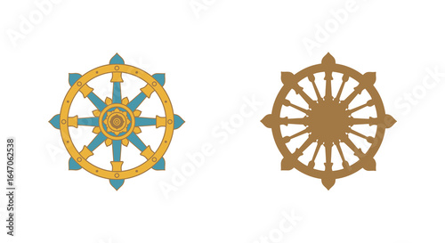 Two Dharmachakra Wheels Buddhist Symbols of Dharma and Enlightenment Isolated on White