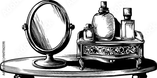 Ornate dressing table with vintage mirror and bottles engraved illustration design