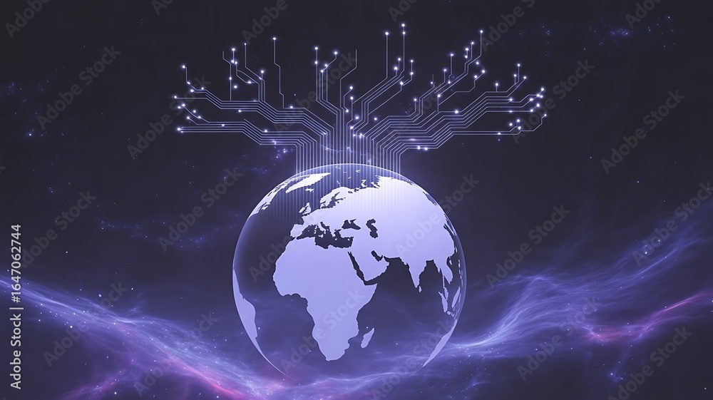 Fototapeta premium Global Network Connectivity A Digital World Interconnected through Technology Circuit Board Emerging from Earth in a Vibrant Cosmic Space Environment