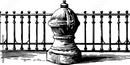 Vintage engraved illustration of ornate wrought iron fence and post design for retro decor