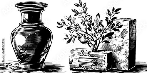 Vintage engraved illustration of polished stone vase and decorative set