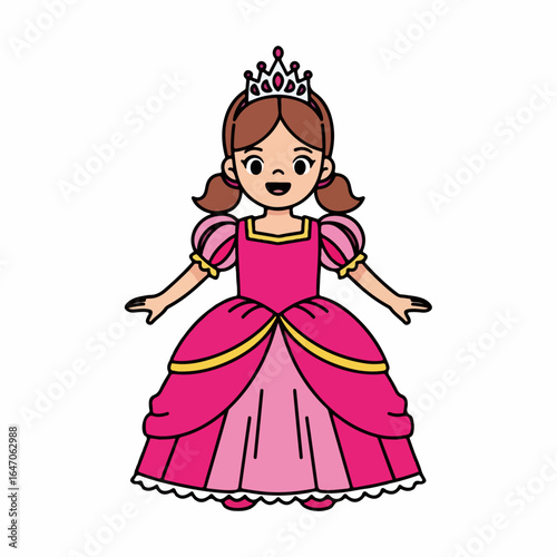 Flat illustration of happy little girl dressed as a princess in a beautiful gown, isolated on white background