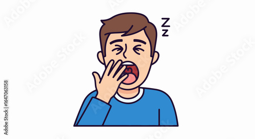 Flat illustration of man yawning widely with hand covering mouth, feeling tired and sleepy, isolated on white background