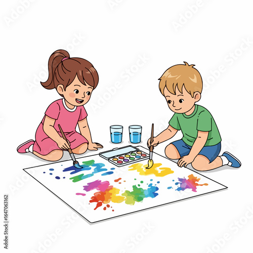 Flat illustration of two children, a boy and a girl, happily painting together, isolated on white background