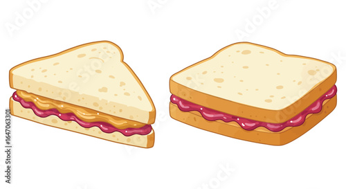 Two Peanut Butter and Jelly Sandwiches Triangle and Square on White Background