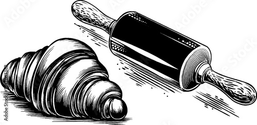 Engraved illustration of croissant and rolling pin for retro kitchen art design