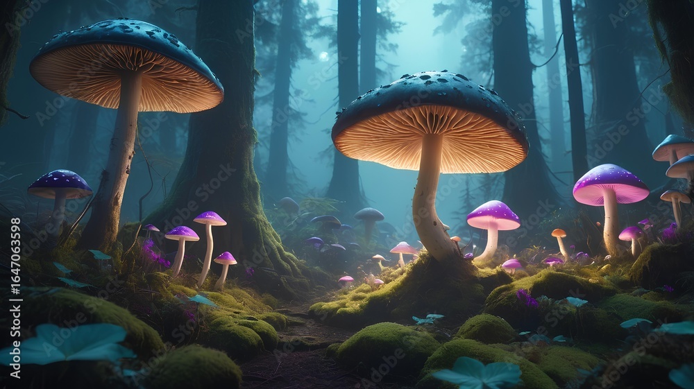 Fototapeta premium A fantasy landscape of a mysterious forest with large, luminous fungi and magical bioluminescent mushrooms at night.