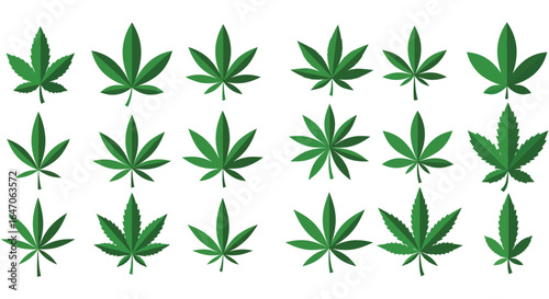 Collection of Green Cannabis Leaves on White Background for Medical or Recreational Use