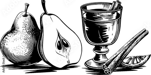 Engraved hand-drawn pear and beverage illustration set for retro design