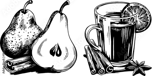 Vintage engraved illustration of pears and beverage with cinnamon and star anise