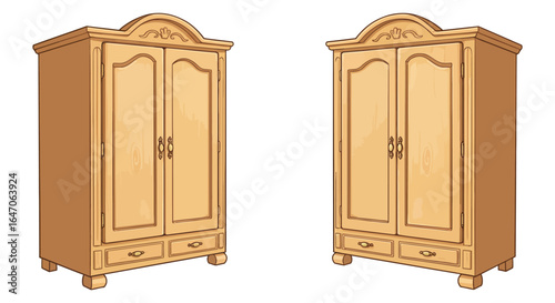 Two Vintage Wooden Wardrobes with Intricate Detailing for Bedroom Storage