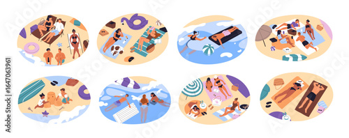 People are on ocean beach top view. Tourists sunbathing on sand coast, swimming with inflatable circles and mattresses. Summer vacations on sea ressort. Flat isolated vecto rillustrations on white. 