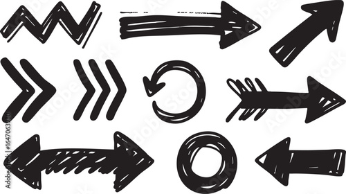 Set of various hand drawn black arrows and directional signs isolated on white background