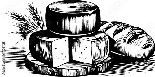 Vintage engraving of round cheese wheels and rustic bread in a farmhouse setting