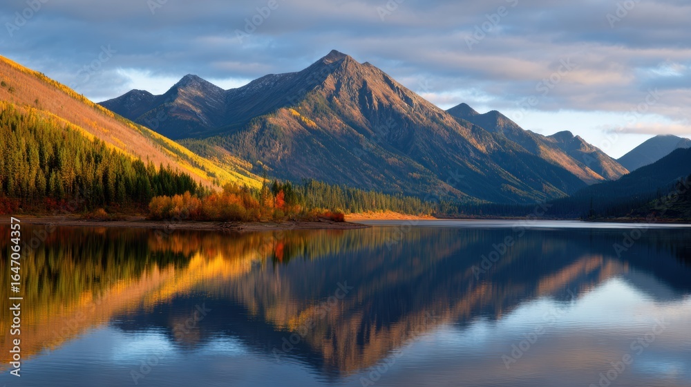 Majestic mountain landscape reflecting in serene lake during golden hour with vibrant autumn foliage Majestic mountain landscape reflecting in serene lake during golden hour with vibrant autumn foliage