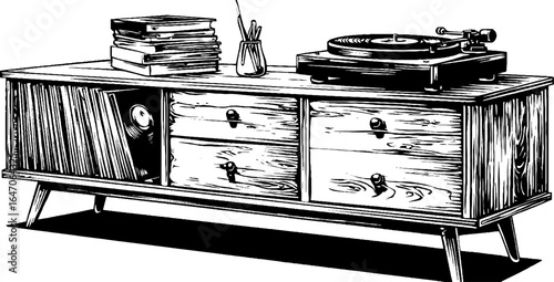 Vintage engraved illustration of mid-century modern sideboard with taper turntable for retro decor