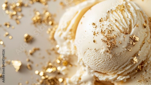 Ice cream scoop topped with gold flakes on light plale yellow background  