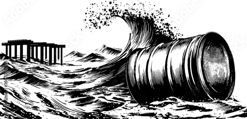 Engraved illustration of dramatic sea waves in storm with barrel and pier elements