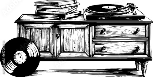 Vintage hand drawn sideboard with vinyl records and taper illustration for retro design