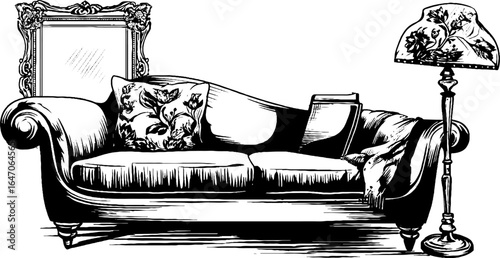 Vintage engraved illustration of sofa with organic floral decor