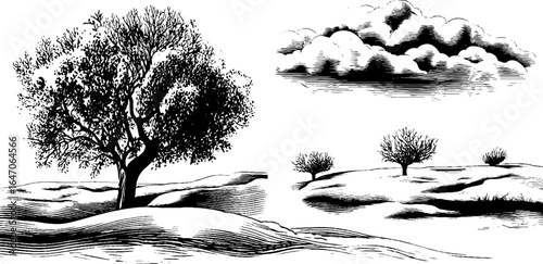 Engraved winter landscape with snowstorm scenes. Vintage hand drawn sketch featuring detailed engraving.