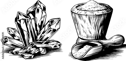 Engraved illustration of salt crystals and mortar for label design and crafts