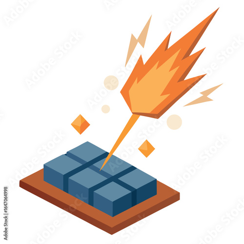 Photo of fiery bolt striking a grid of blue cubes on a brown base, isolated on white background