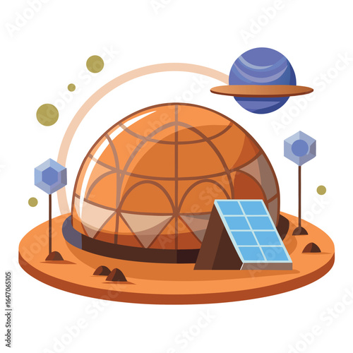Photo of a futuristic martian colony dome with solar panels and planetary elements, isolated on white background