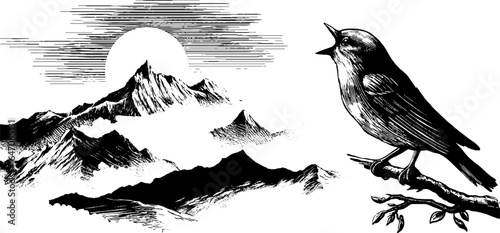 Vintage engraving of sunrise over mountains with singing bird for nature design