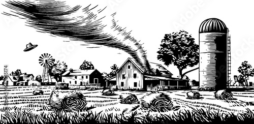 Vintage tornado scene with farm landscape and funnel cloud engraving for retro design