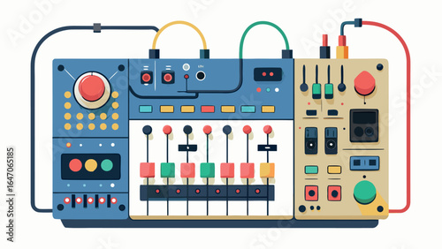 Photo of colorful electronic music synthesizer with various controls and connections, isolated on white background