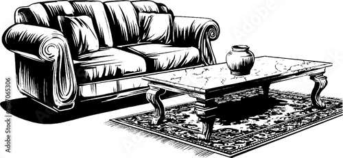Elegant vintage sofa and marble table scene for interior design concepts