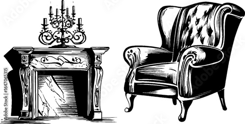 Vintage upholstered chair and ornate fireplace illustration for retro design projects
