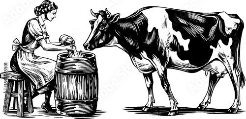 Rural life sketch: woman milking cow - vintage engraved illustration for rustic design