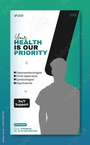 Healthcare Services Banner Featuring a Doctor and Medical Specializations List