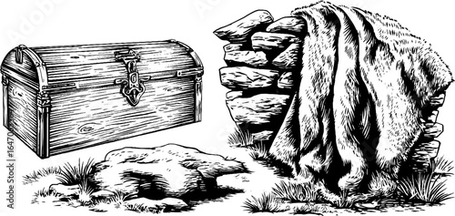 Vintage engraving of wooden chest and fur-draped stone wall