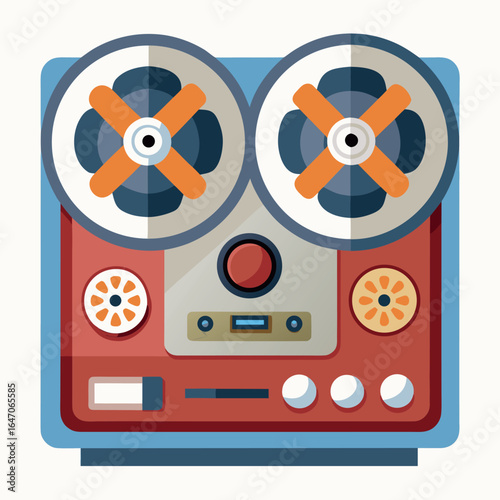 Photo of vintage reeltoreel tape recorder with two spools, buttons, and controls, isolated on white background