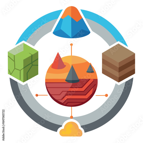 Photo of abstract circular diagram with geometric shapes representing data flow and global connection