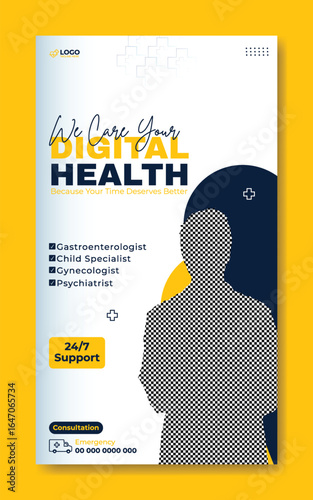 Digital Health Services Advertisement Featuring a Doctor and Specializations List