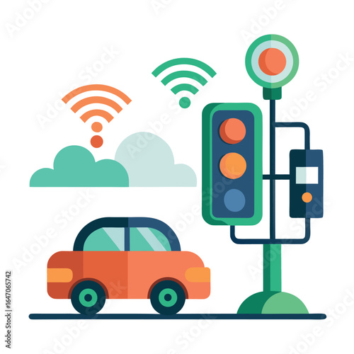 Photo of smart city traffic light system with connected car and wireless communication, isolated on white background