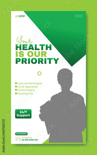 Healthcare services advertisement featuring a smiling female doctor and a green color scheme