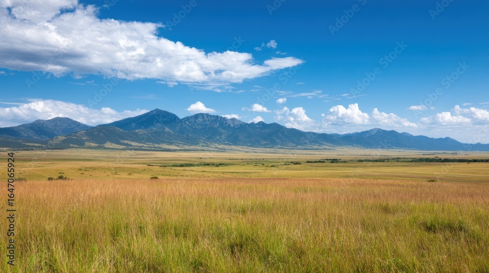 Expansive landscape featuring mountains under a clear blue sky with lush grasslands in the foreground Expansive landscape featuring mountains under a clear blue sky with lush grasslands in the foreground