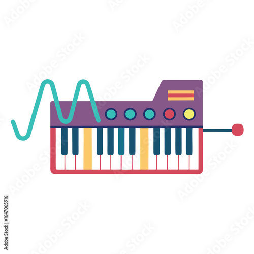 Photo of a purple electronic keyboard with colorful keys and a sound wave graphic, isolated on white background